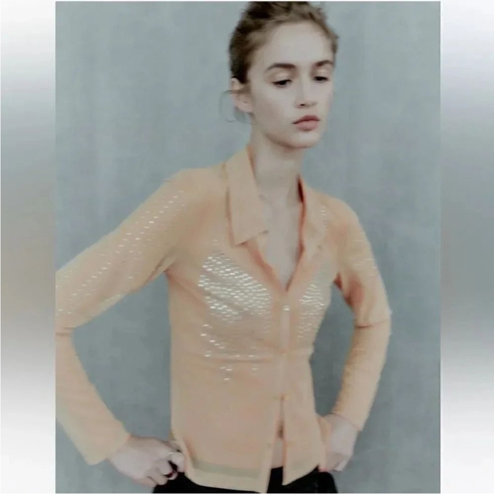 ZARA new with tags RHINESTONE TULLE SHIRT
COLOR: BEIGE PINK